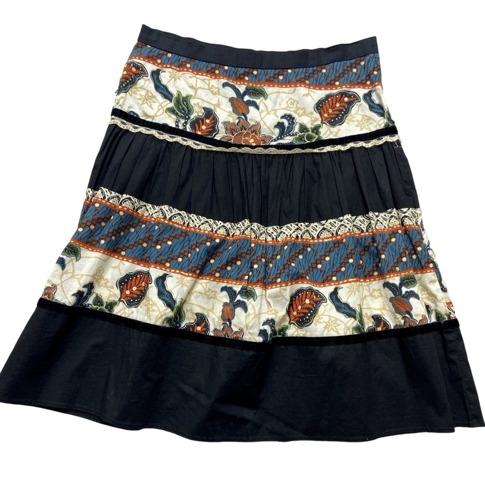 Boho Floral Peasant Skirt Womens M Multicolor Beaded Lace Cotton Knee Length